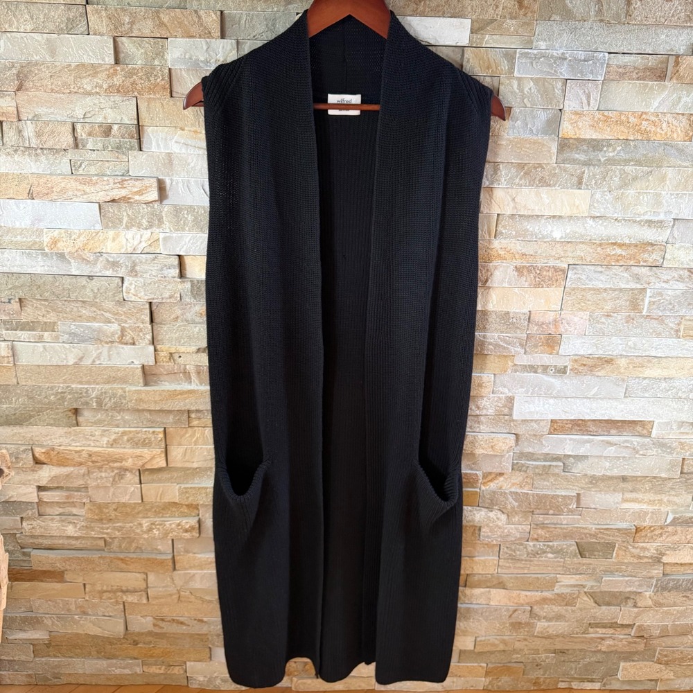 Aritzia Wilfred Olivie Vest Small Black 100% Merino Wool Long Duster Cardigan